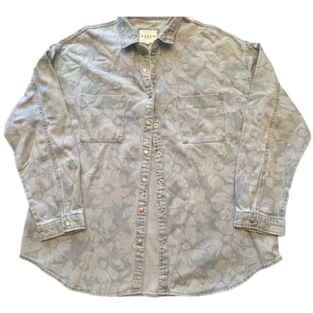 Risen Floral Print Denim Button Down Shirt Light Wash Long Sleeve Large